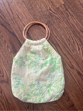 Beige Floral Sequin Handbag with Wooden Ring Handles